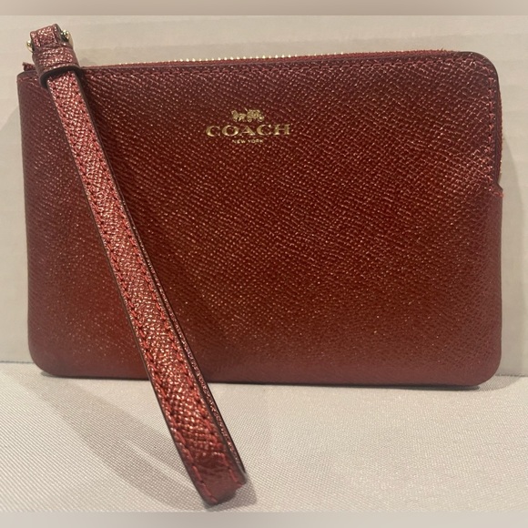 COACH Metallic Cherry Red Crossgrain Leather Corner Zip Wristlet - Picture 2 of 7